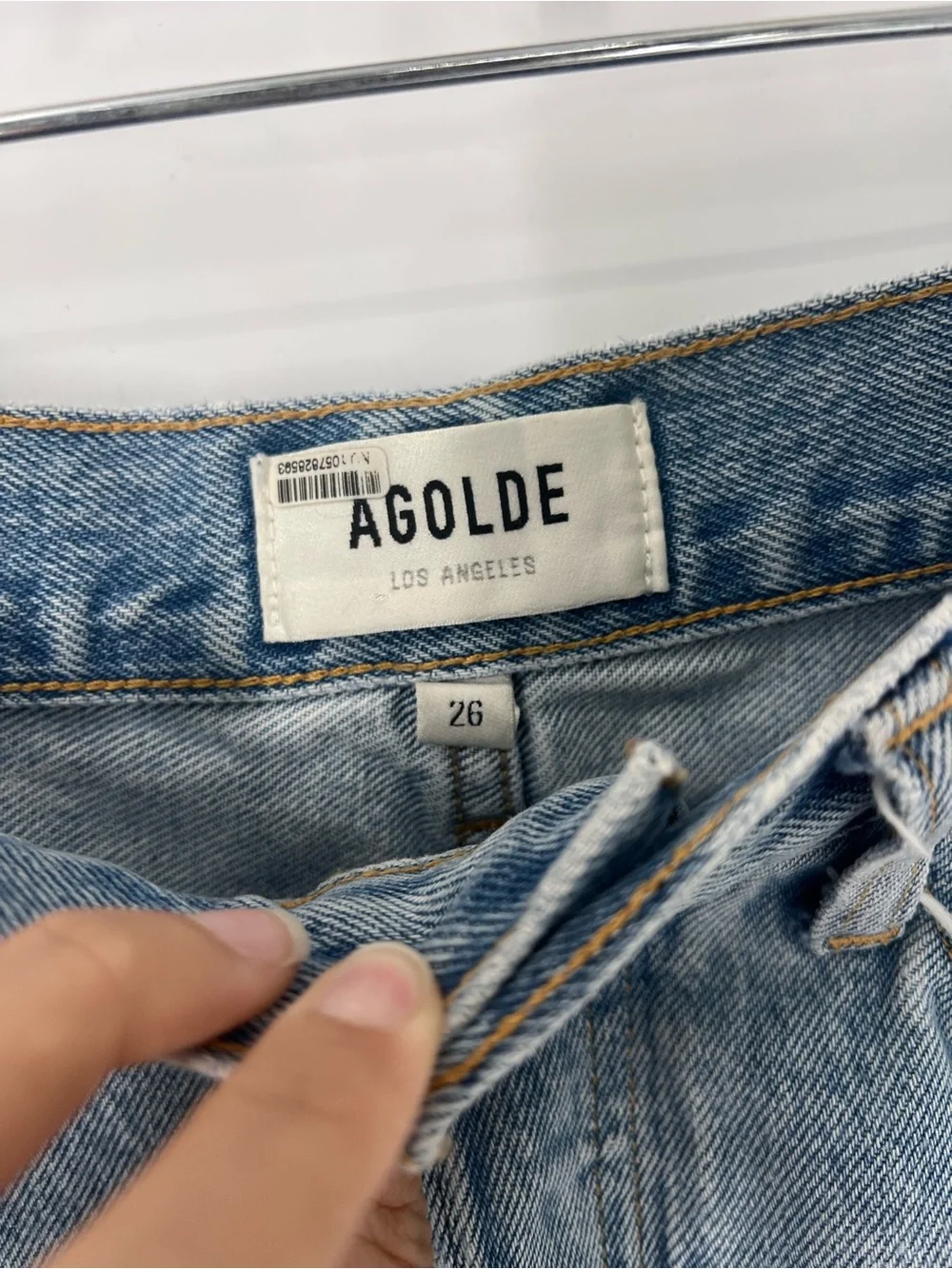 Agolde Parker Long Light Blue Distressed High Waist Cutoff Denim Shorts 26